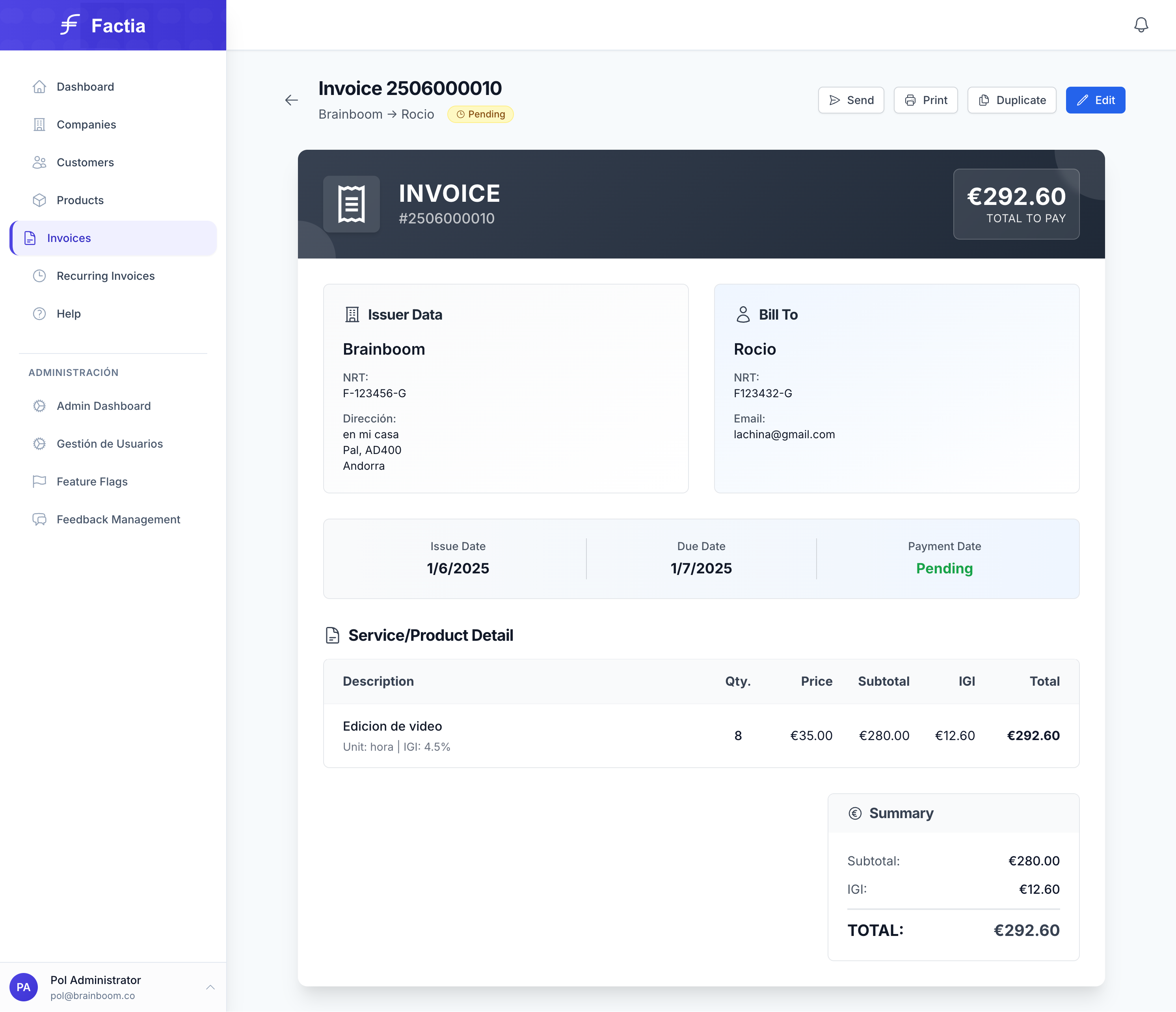 Professional invoice template with IGI compliance for Andorran businesses