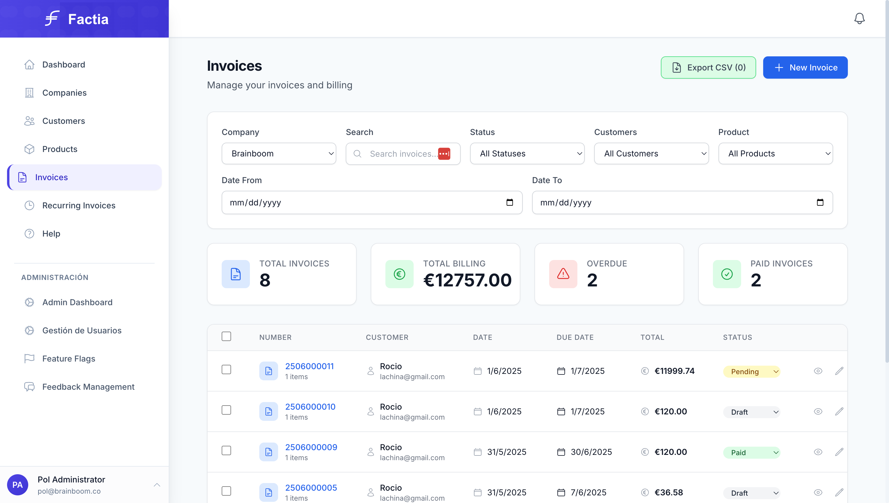 Invoice management interface showing list of invoices with filtering and search capabilities
